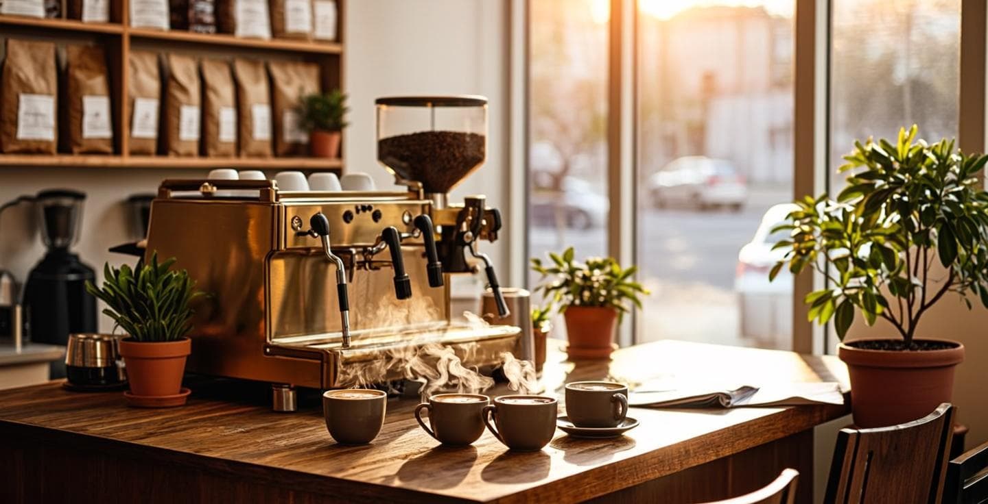 Morning light over the roastery counter — kraft coffee bags on wooden shelves beside a brass espresso machine